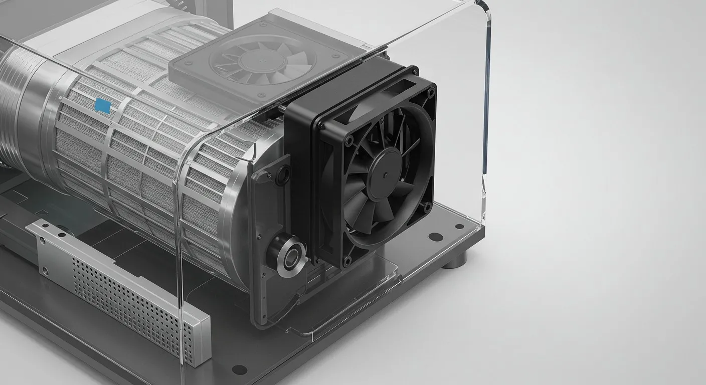 Close-up of fan and filter in air purifier.