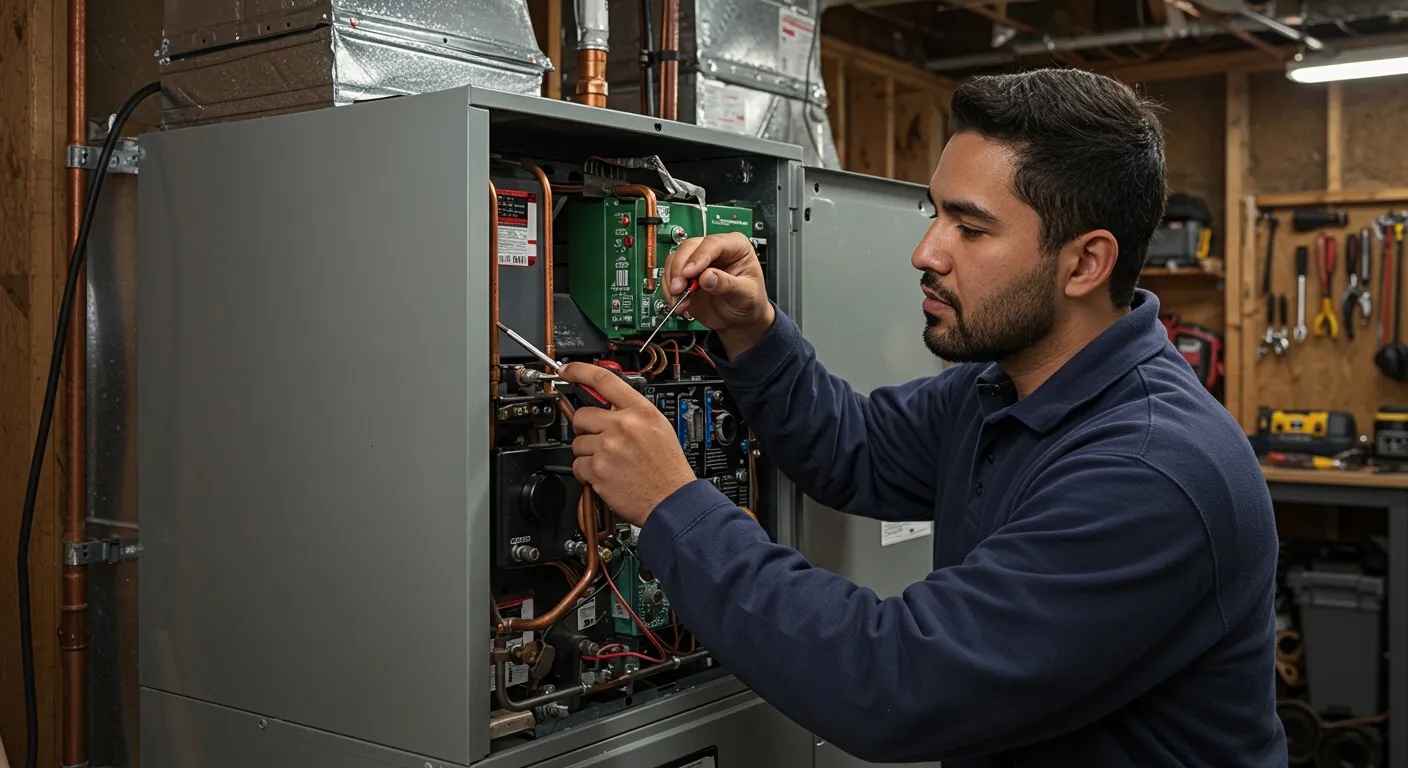 Technician repairing an indoor HVAC unit.