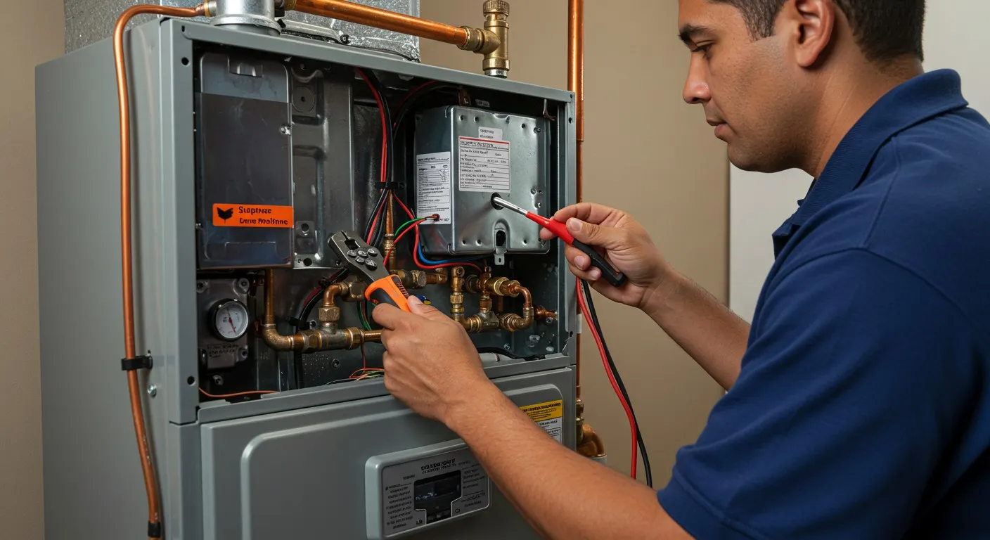 Technician using meter to check HVAC wiring.