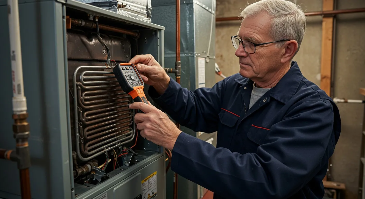 Technician checking evaporator coil with digital tool.
