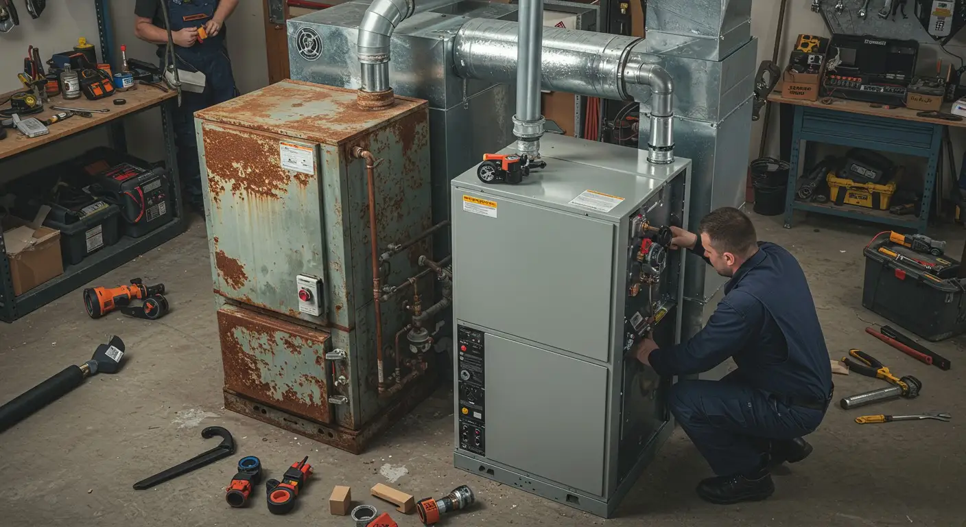 Technician replacing new HVAC furnace replacing old unit.