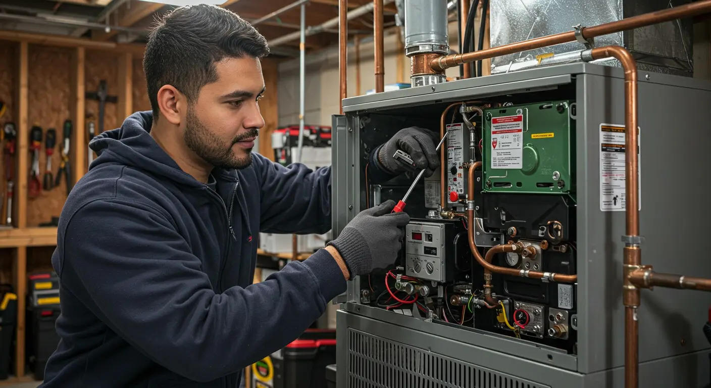 Technician servicing a residential HVAC furnace unit.