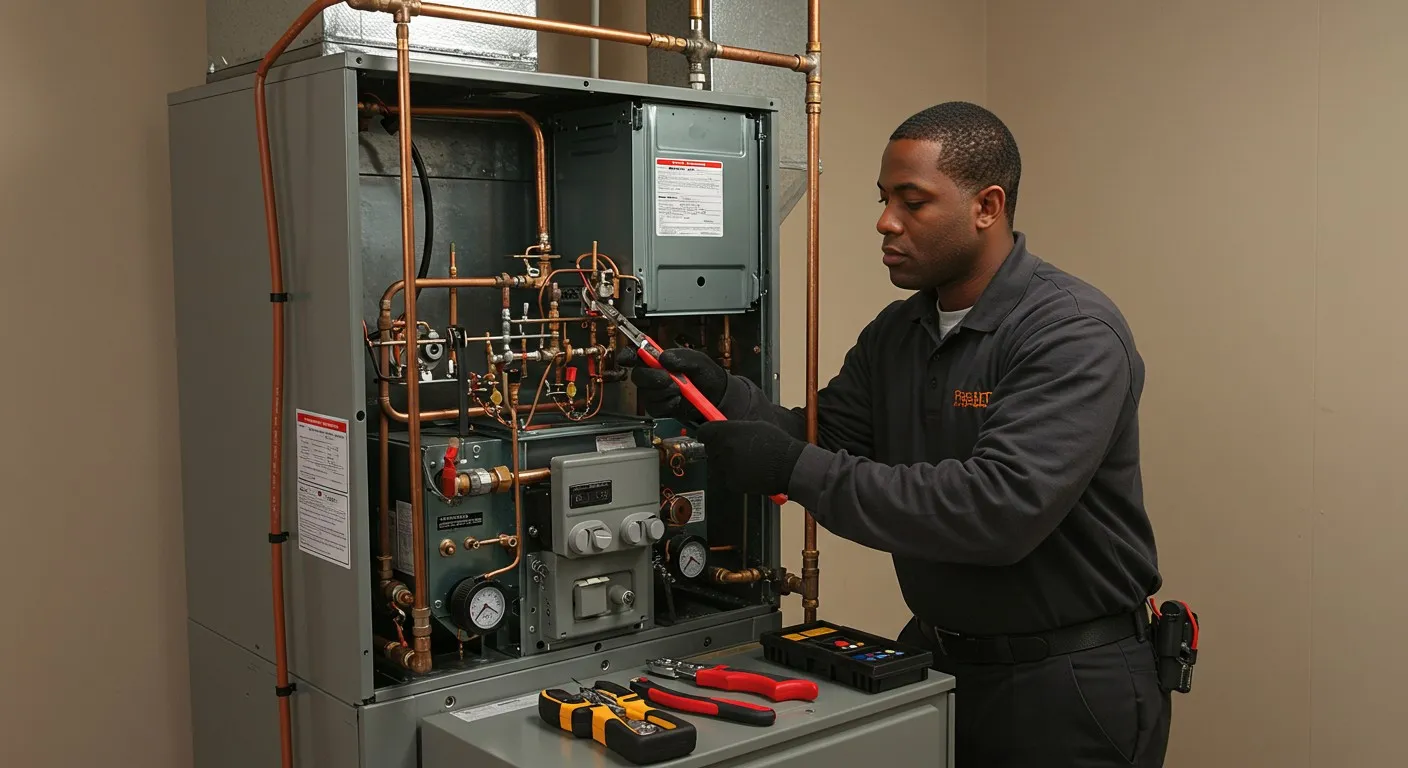 Technician servicing an indoor HVAC furnace unit.