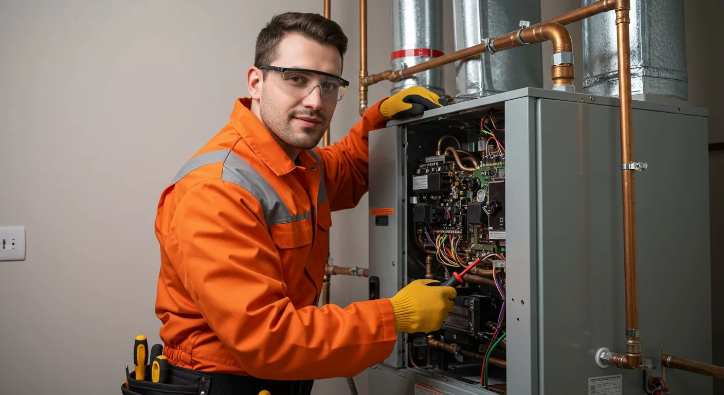 Technician repairing a residential HVAC furnace unit.