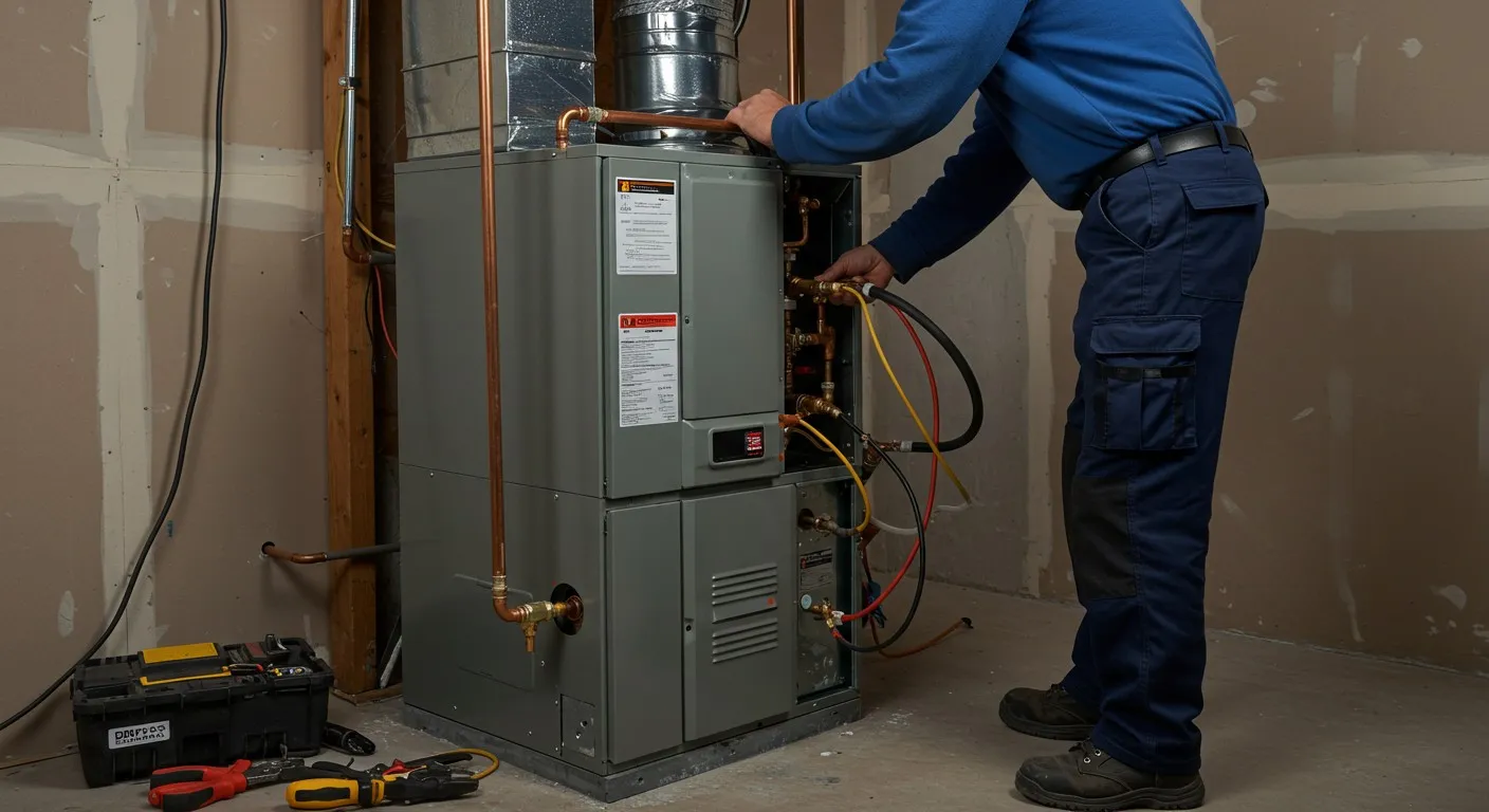 Technician connecting gauges to HVAC furnace unit.