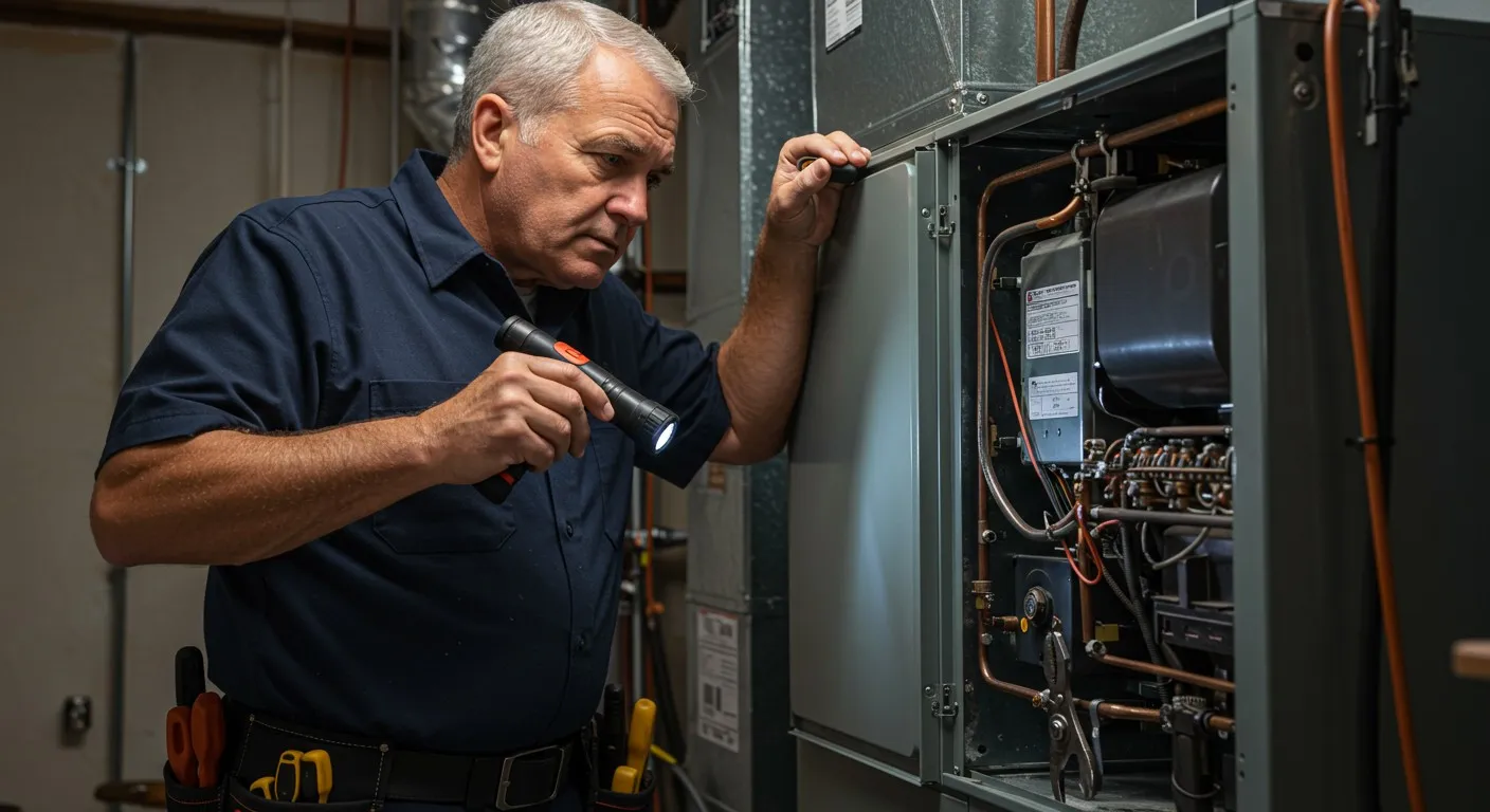 Technician inspecting furnace unit with a flashlight.