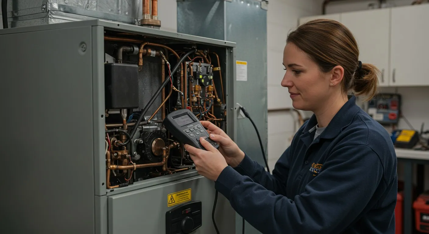 Woman technician using digital tool on HVAC.
