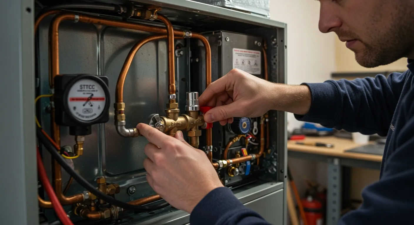 Technician adjusting valve on HVAC plumbing.