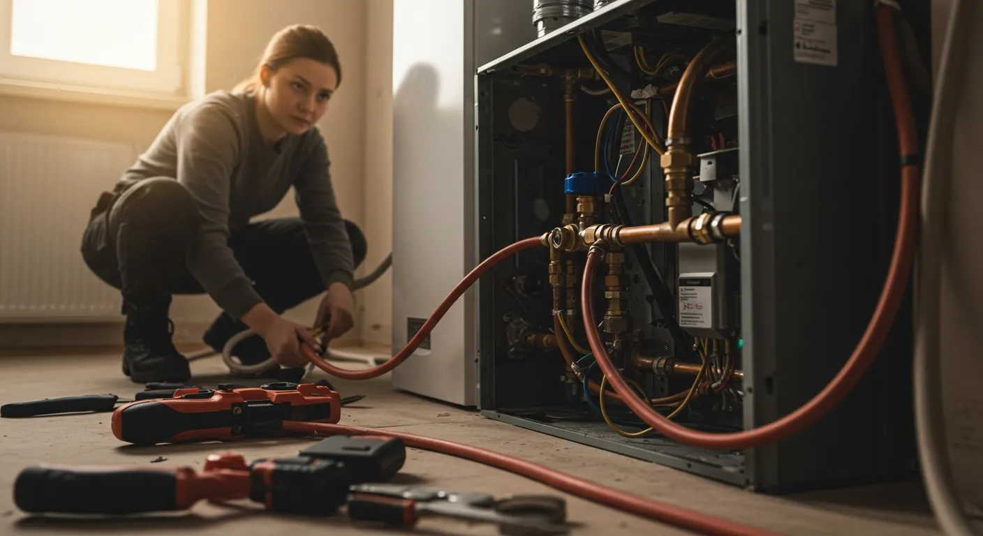 Woman servicing a residential HVAC furnace unit.