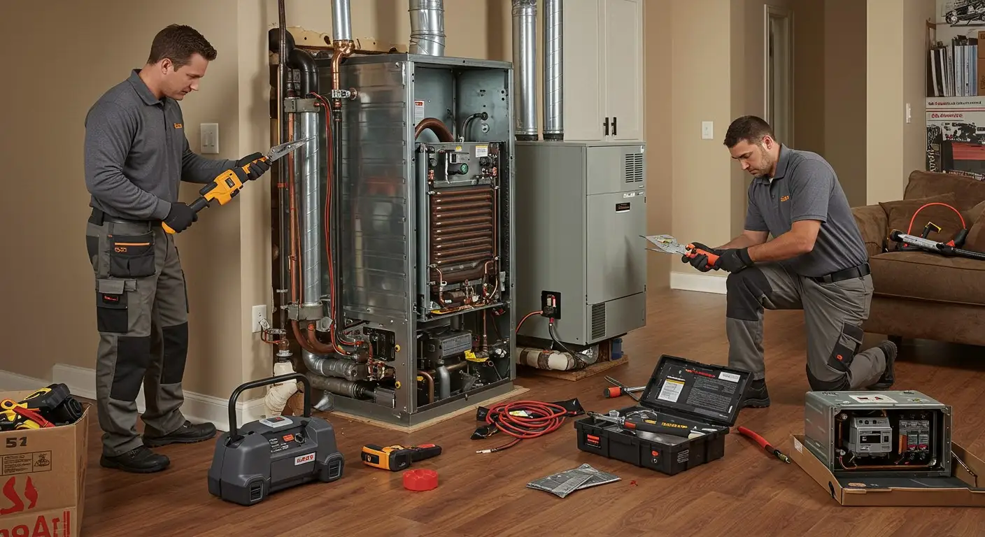 Two technicians servicing an open HVAC furnace.