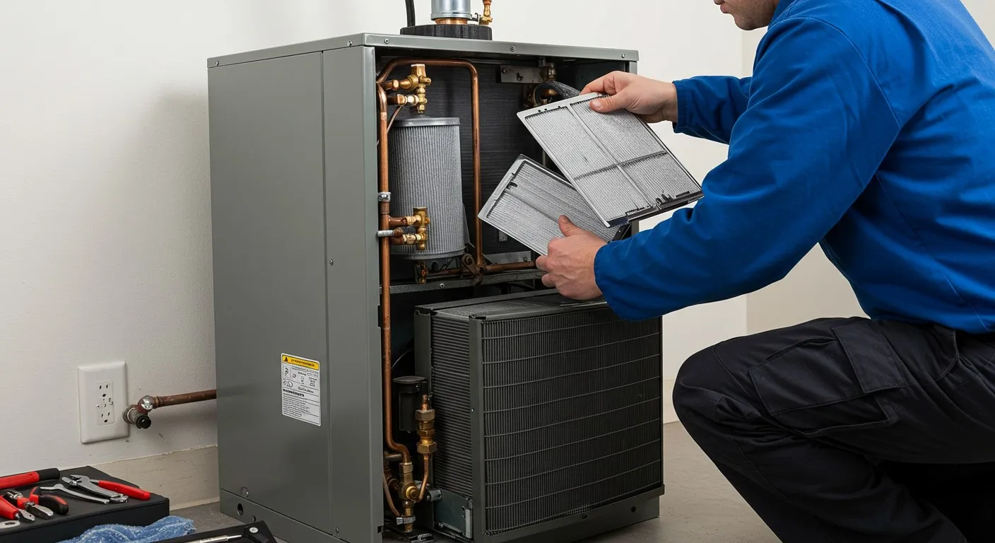 Technician removing filters from HVAC unit.