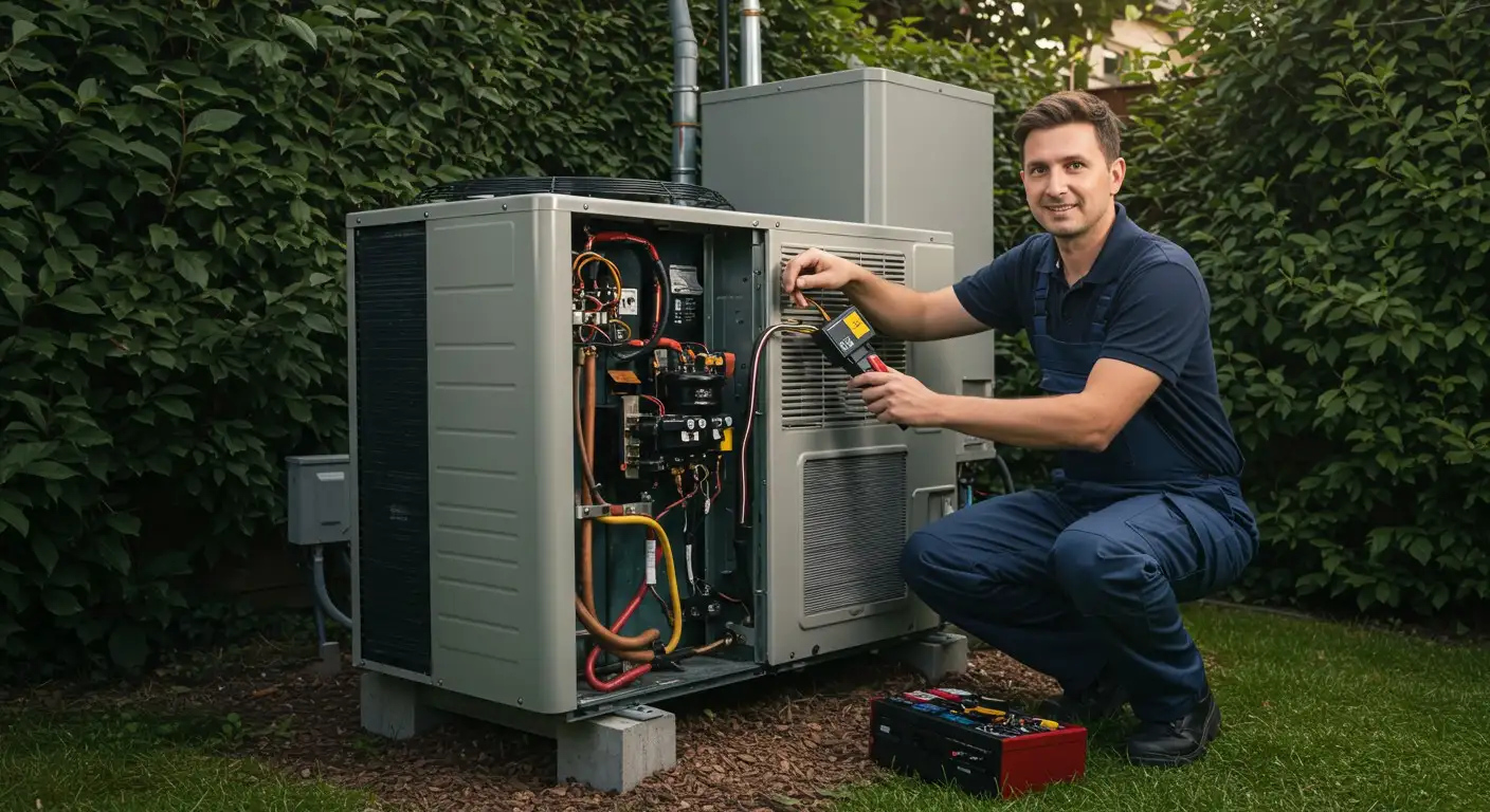 Technician maintaining outdoor HVAC unit.