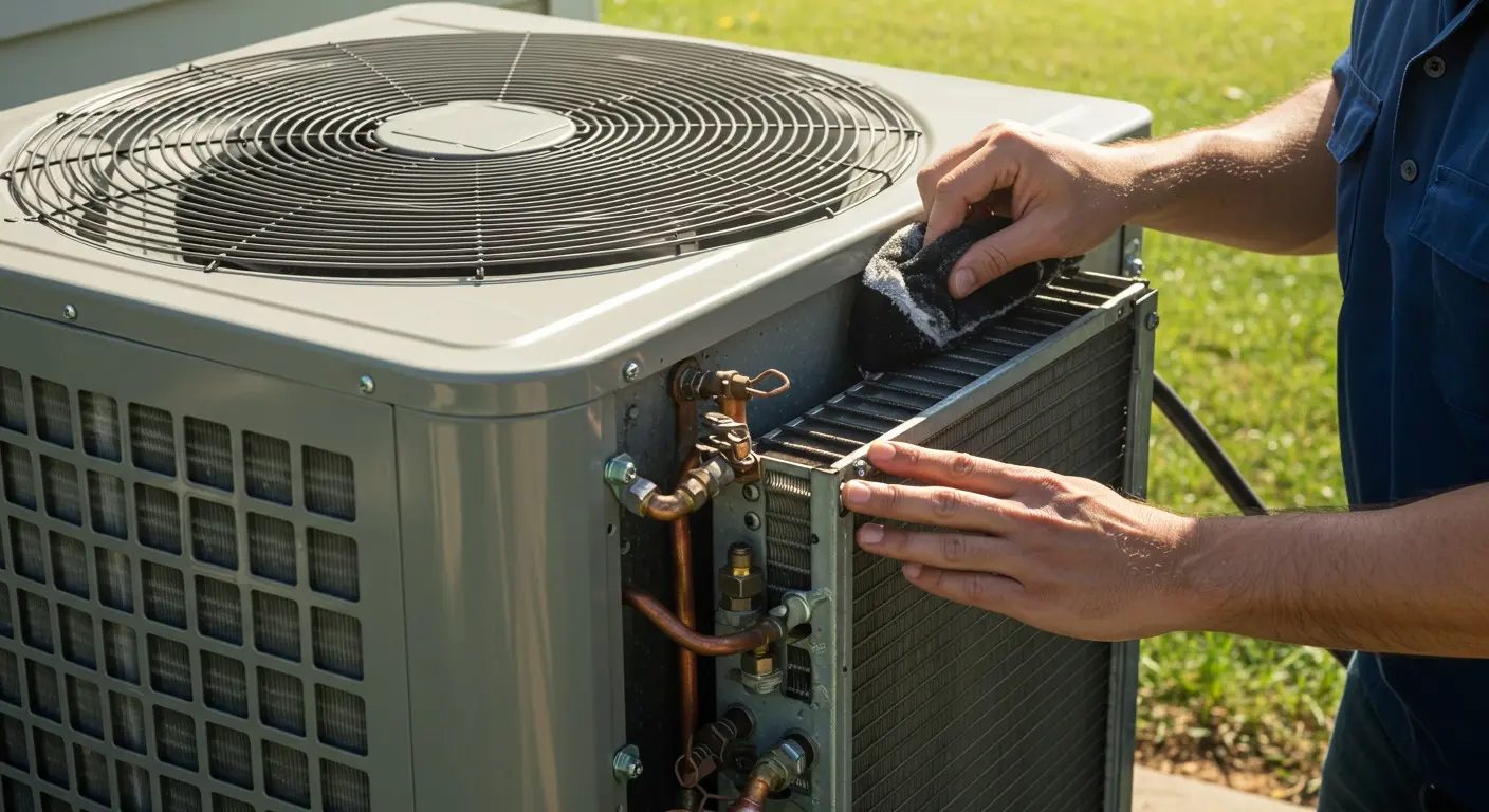 Technician cleaning fins of outdoor AC unit.