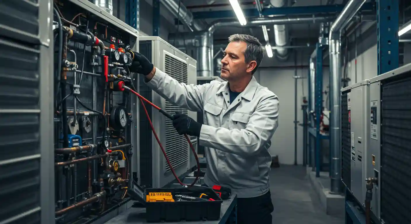 A male HVAC technician wearing a light grey uniform and black gloves is working in an industrial or commercial plant room full of ventilation and pipework. He is connecting red and black diagnostic hoses/cables to gauges and valves on a complex piece of air conditioning or chiller equipment. A tool case with yellow accents rests on the floor in the foreground, indicating professional maintenance or repair is in progress.