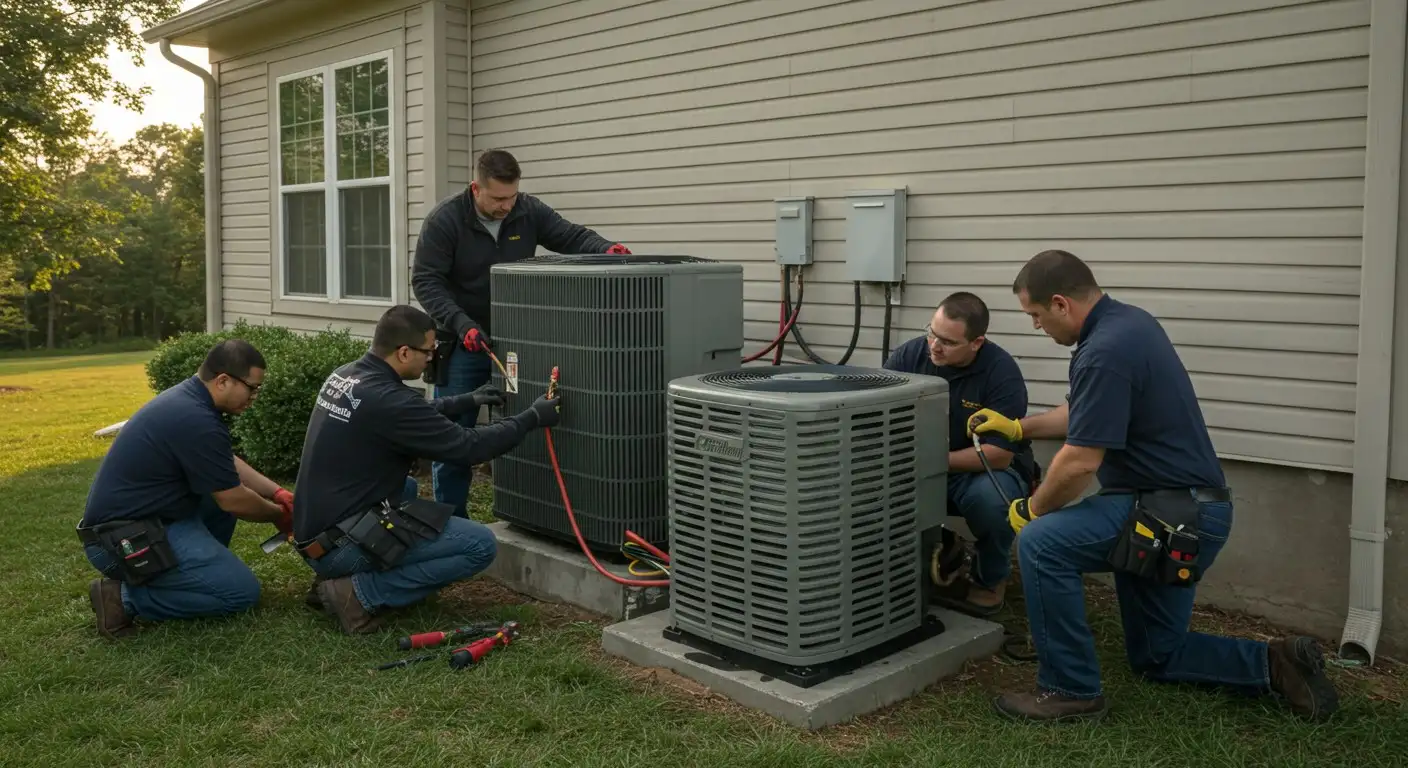 Four technicians servicing outdoor HVAC units.