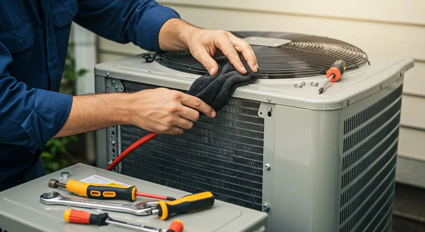 Technician cleaning outdoor air conditioner coil.