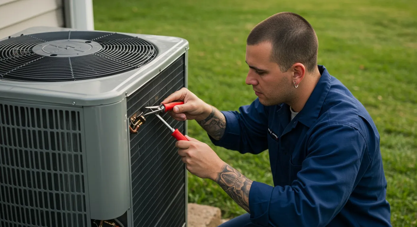 Technician working on an outdoor AC unit.