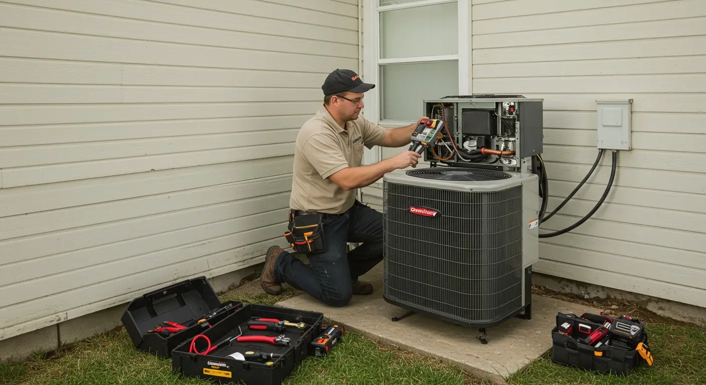 Technician using tool on outdoor AC unit.