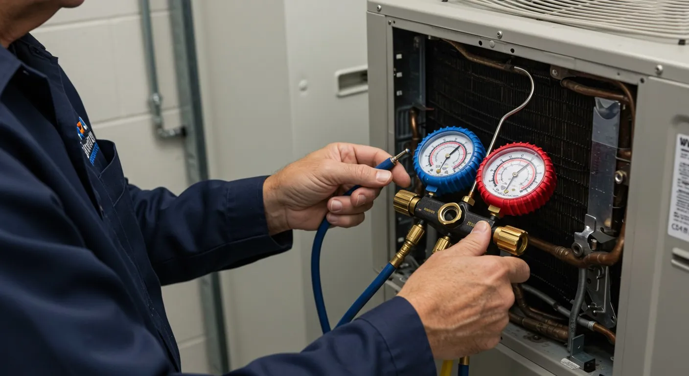 Technician checking refrigerant gauges on HVAC.