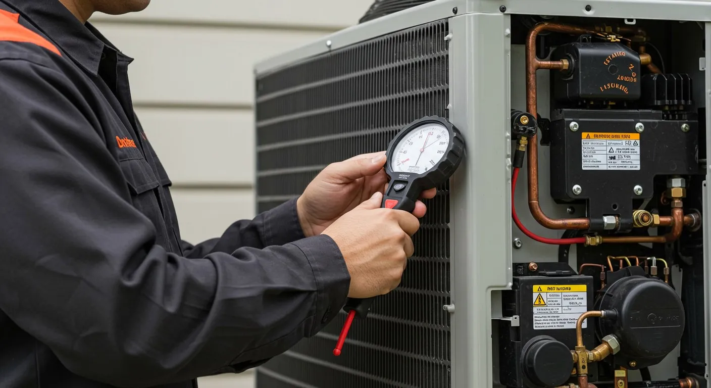 Technician checking pressure gauge on HVAC.
