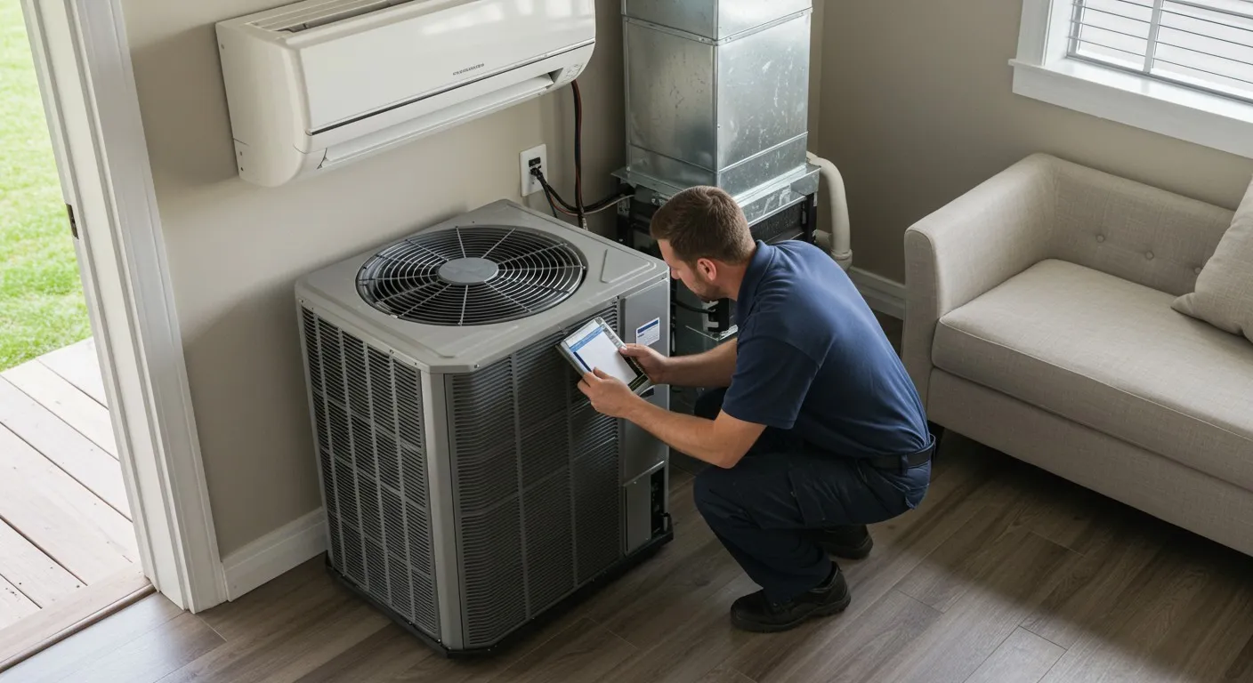 Technician inspecting indoor/outdoor HVAC units.