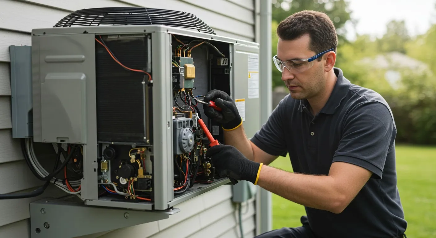 Technician repairing outdoor heat pump wiring.