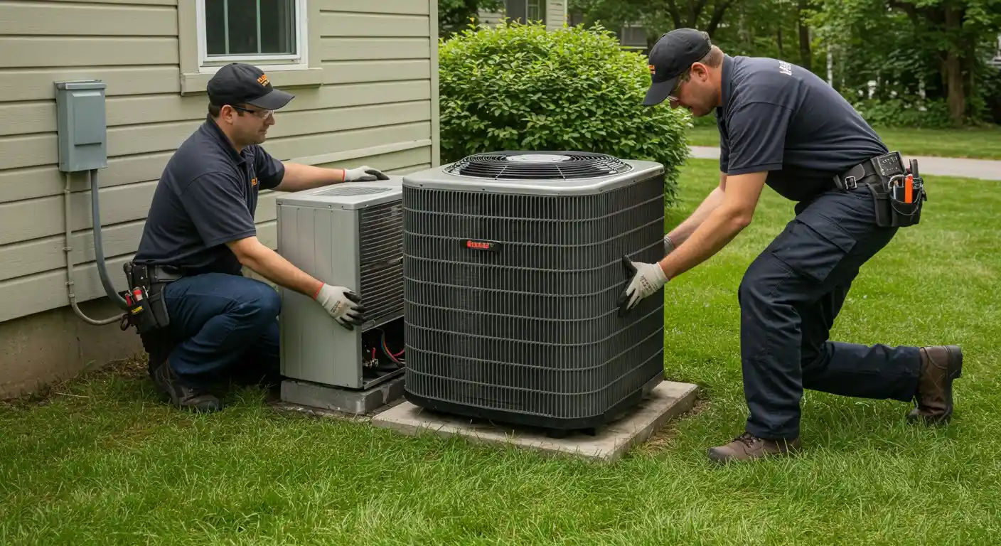 Two technicians installing an outdoor AC unit.
