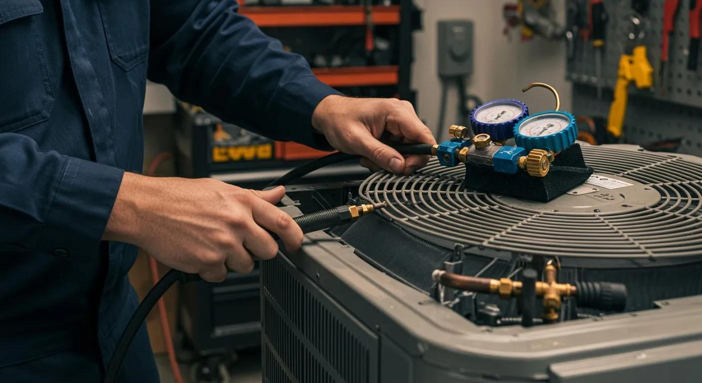 Technician connecting gauges to outdoor AC unit.
