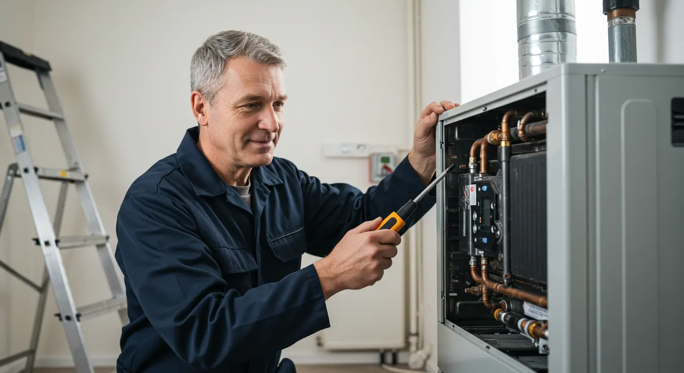 A middle-aged, smiling HVAC technician wearing a dark blue uniform is performing maintenance or repair on a modern furnace or boiler system. He is using a screwdriver to adjust or work on the internal controls and copper piping visible inside the open panel of the unit. A ladder and utility pipes are visible in the background, suggesting a service or utility room setting.