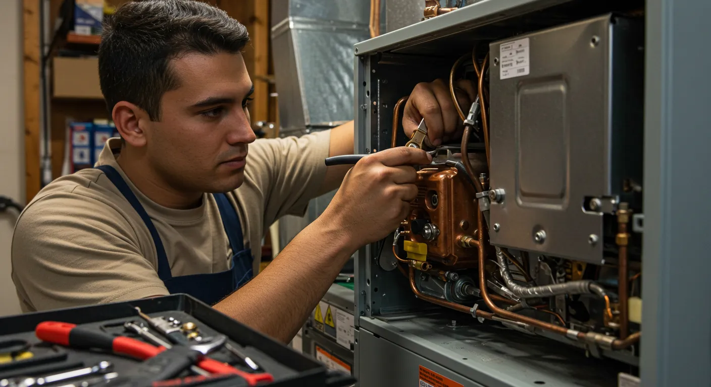 A male HVAC technician wearing a tan shirt and a dark apron is intently focused on performing repair or maintenance inside the open panel of a furnace or boiler unit. He is using a wrench to adjust a connection on the internal copper piping and gas lines. A tool tray with various hand tools is visible in the foreground.