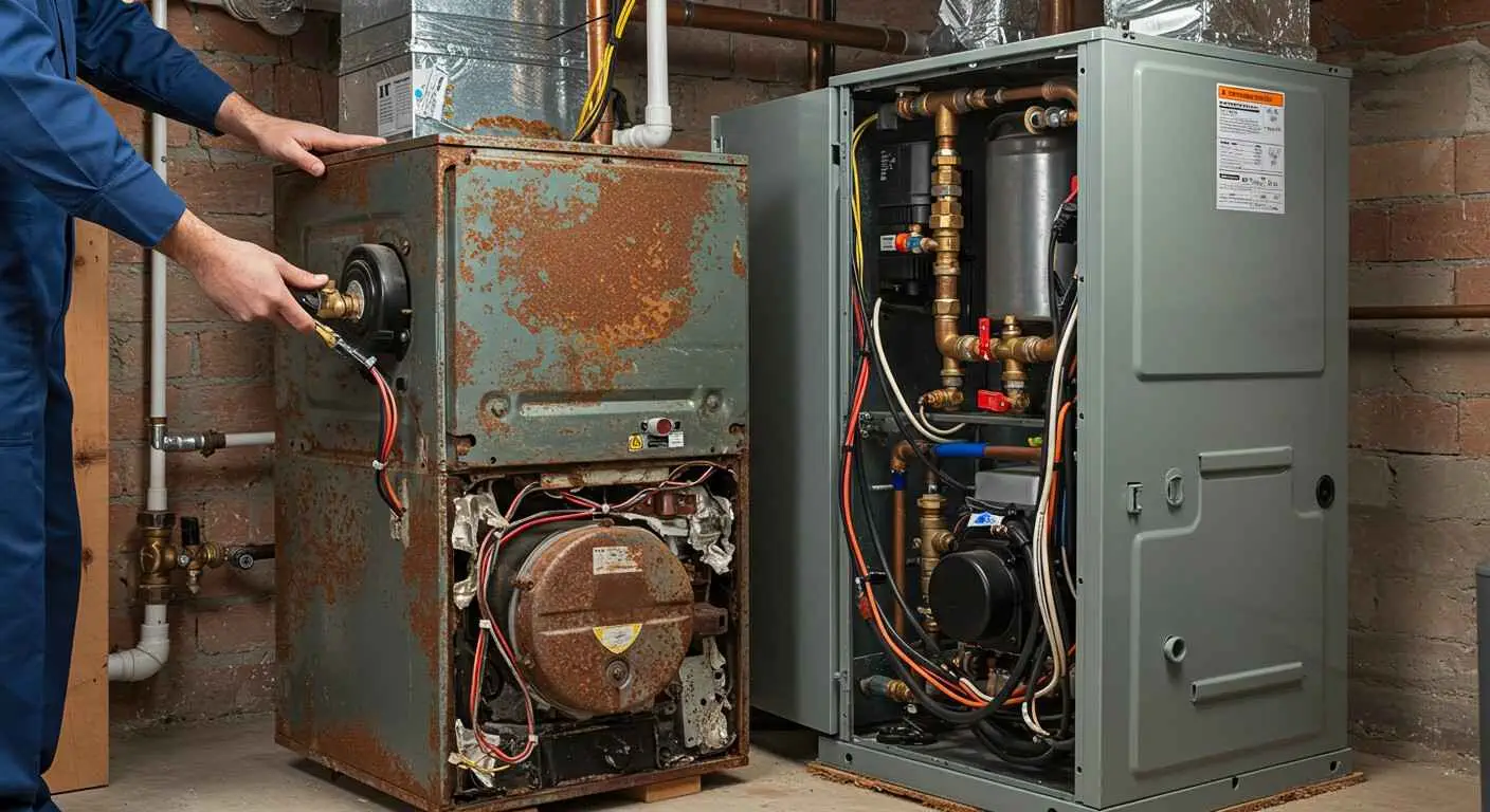 On the left, an old, heavily rusted, and dilapidated furnace with its panels removed, revealing internal components and wiring. On the right, a new, modern, clean furnace or boiler unit with its access panel open, showcasing the organized internal copper piping, valves, and electrical components. A technician, wearing a blue uniform, is visible on the left, touching the old unit, suggesting the process of removing the old system and installing the new one.
