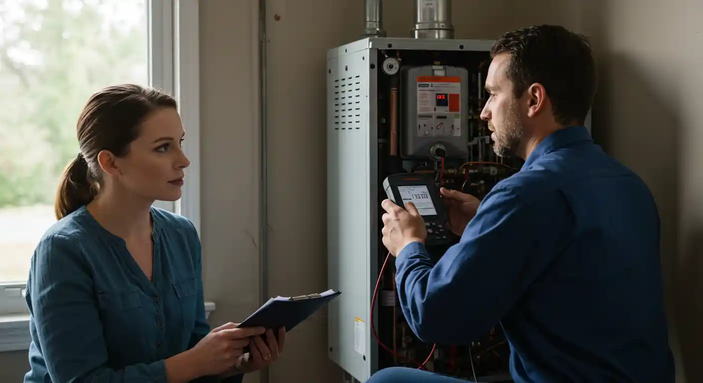  A female homeowner or manager, holding a clipboard, is attentively listening to a professional HVAC technician who is working on a wall-mounted boiler or high-efficiency furnace. The technician, wearing a blue uniform, is using a handheld digital diagnostic device to take readings on the open unit, likely explaining the required heating service or repair to the client.