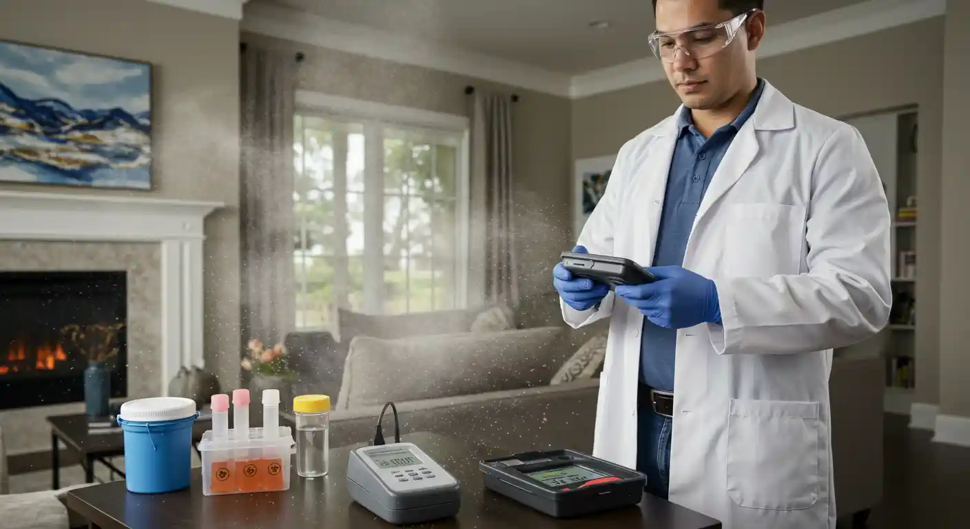  A man wearing a white lab coat, safety goggles, and blue gloves is performing an indoor air quality (IAQ) test in a residential living room. He is checking a handheld device while other sampling equipment, including a base unit and test tube collection kits, are on the table. A plume of visible smoke or particles is being sampled in the background.
