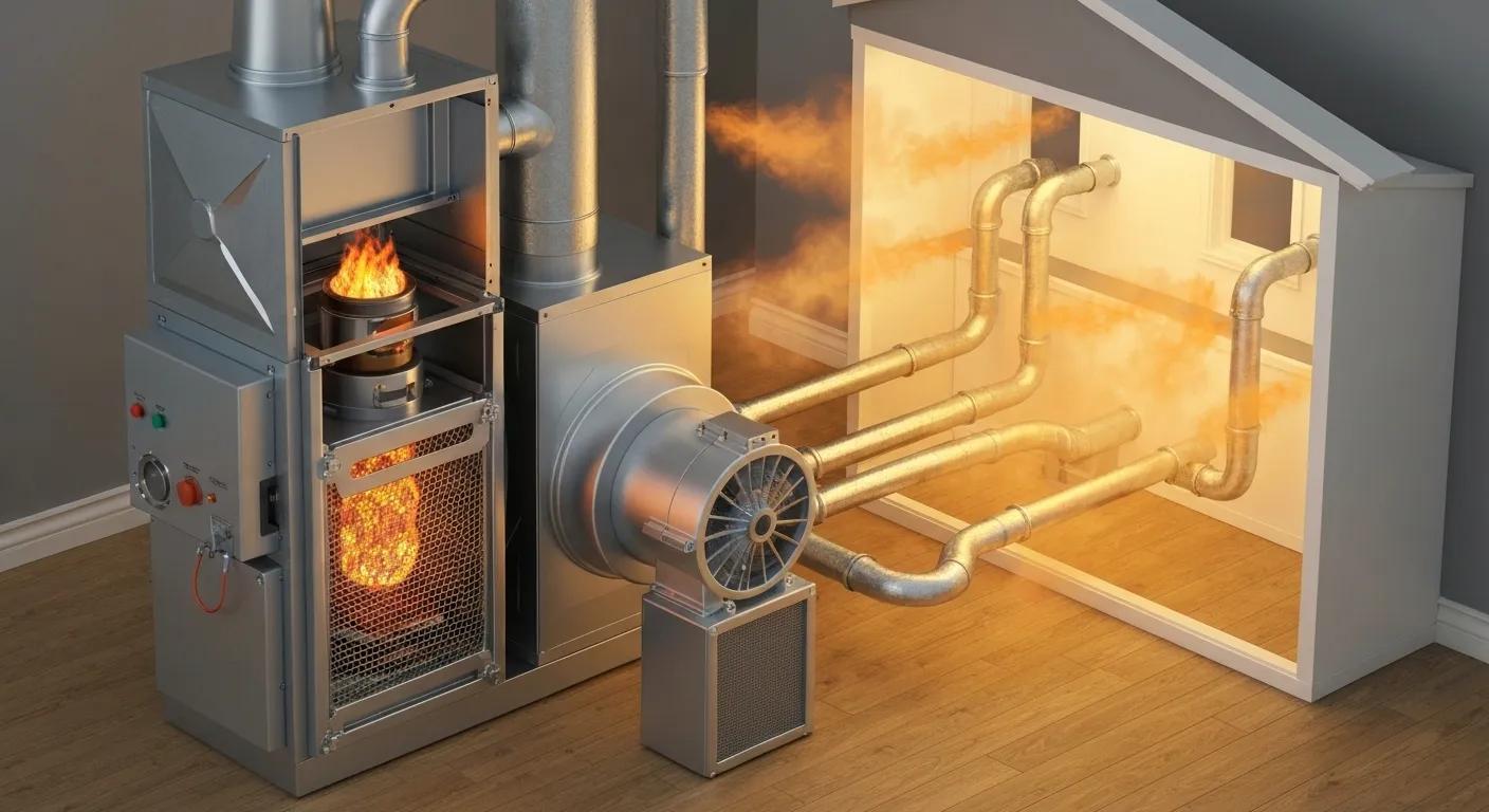 A furnace and blower system in operation, illustrating the process of heating a home