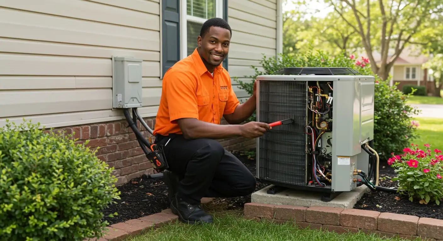 Technician servicing an outdoor AC unit.