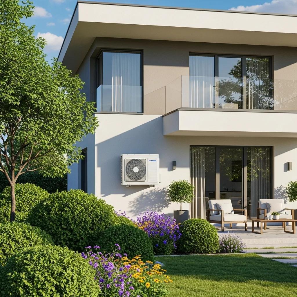 New air conditioning unit installed in a modern home garden, highlighting energy efficiency