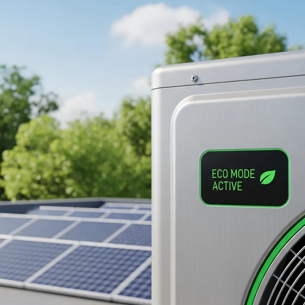 High-efficiency air conditioning unit in a green landscape, showcasing sustainable features