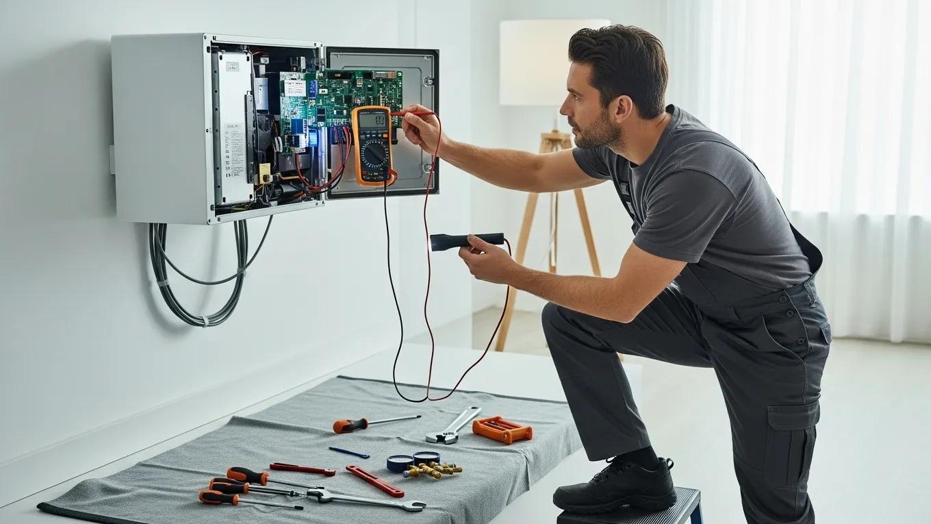 Technician inspecting a ductless mini-split system, illustrating troubleshooting advice for HVAC maintenance