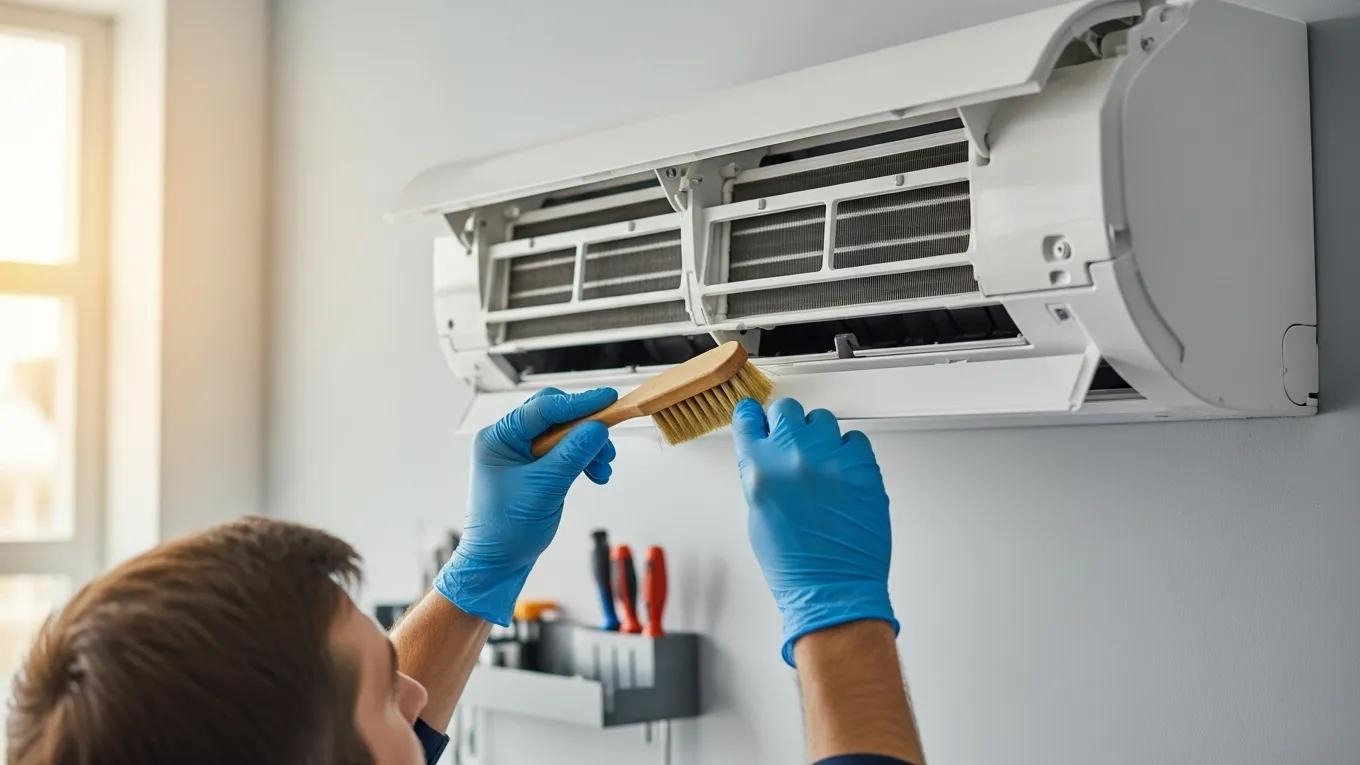 Person cleaning a ductless mini-split air conditioning unit, showcasing effective maintenance techniques