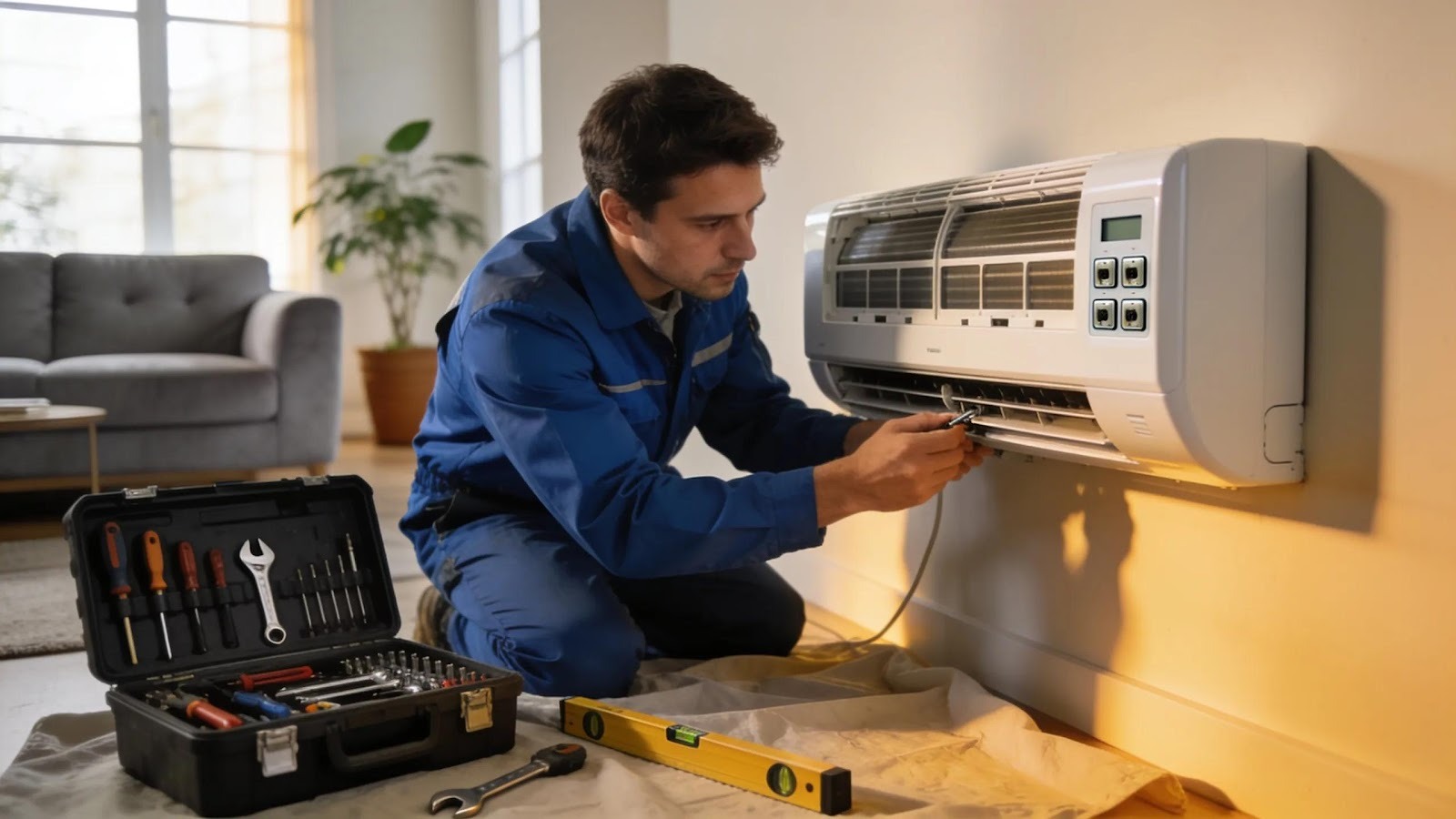 Technician installing a multi-zone ductless mini-split system in a modern home