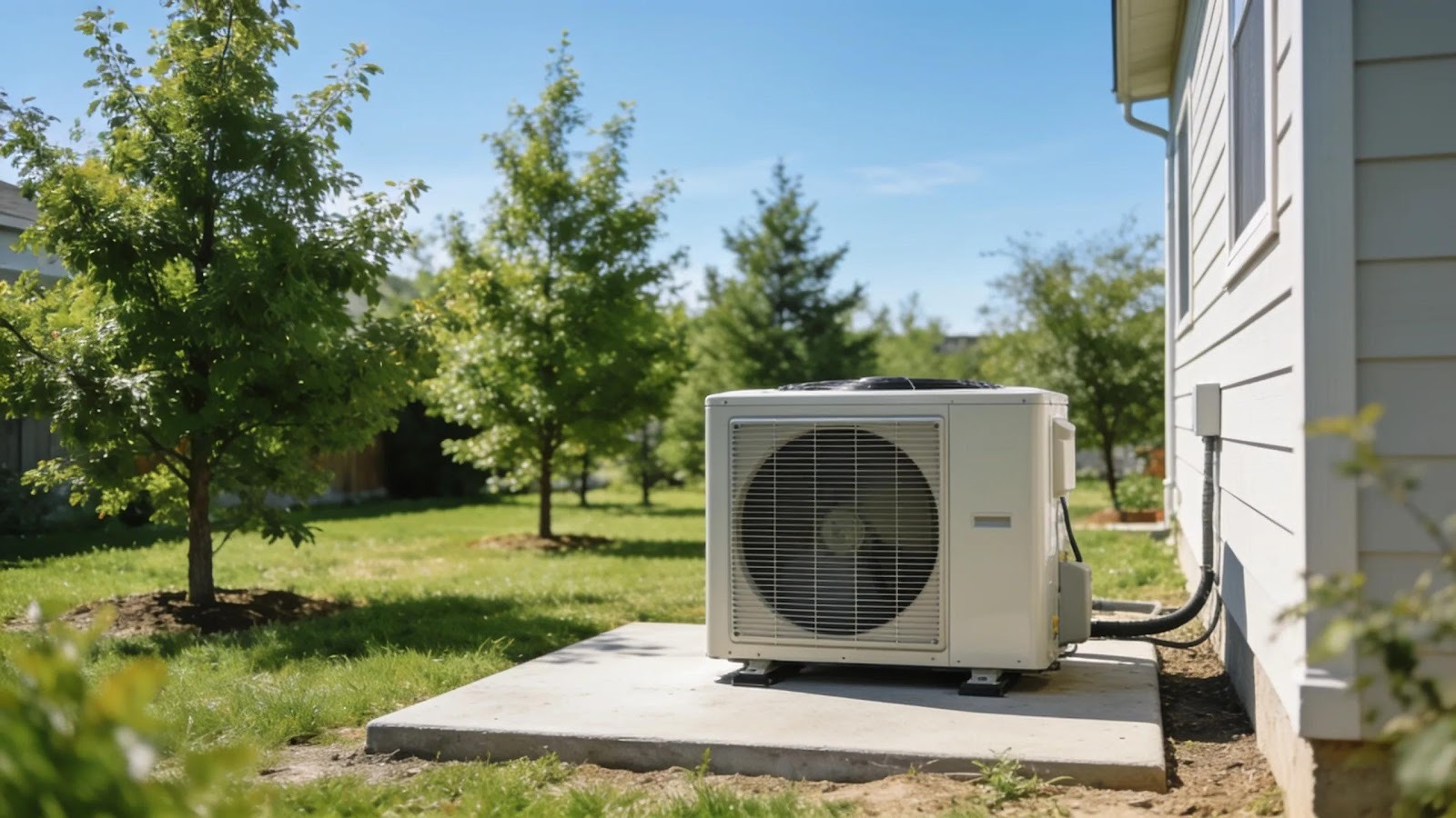Outdoor unit of a ductless mini-split installation in a serene backyard setting