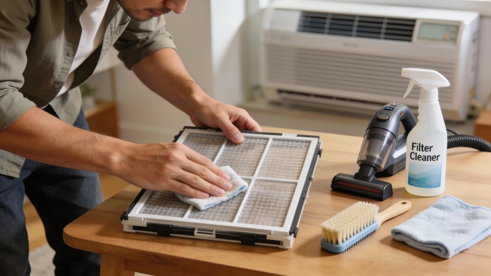 Homeowner performing routine maintenance on ductless mini-split filter