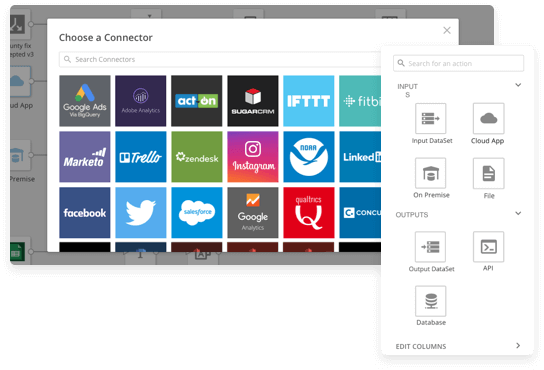 User interface window titled 'Choose a Connector' showing various app logos like Google Ads, Adobe Analytics, Trello, Instagram, LinkedIn, Facebook, and Salesforce with a search bar above, next to a sidebar listing input and output options including Input DataSet, Cloud App, On Premise, File, Output DataSet, API, and Database.