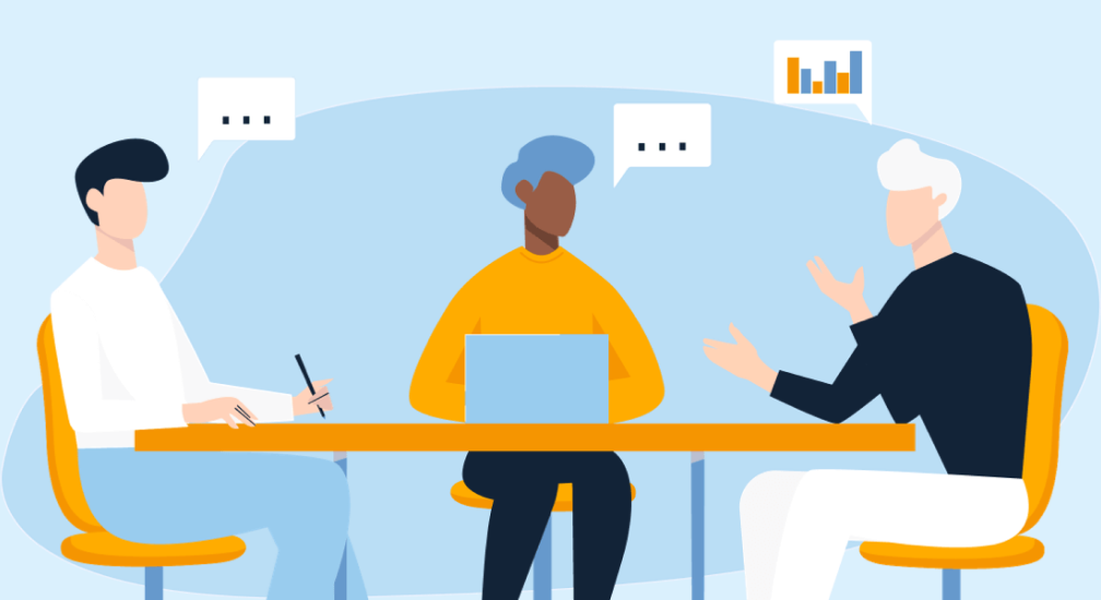Illustration of three people sitting at a table having a discussion, with speech bubbles showing text and a bar chart.