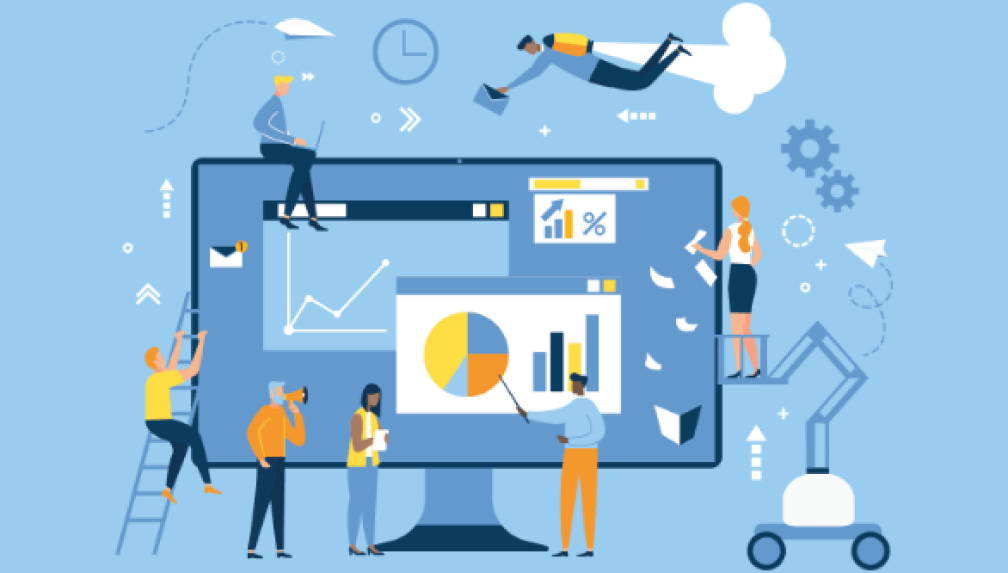 Illustration of people analyzing and presenting data charts on a large computer screen, with graphs, pie chart, and percentage icons.