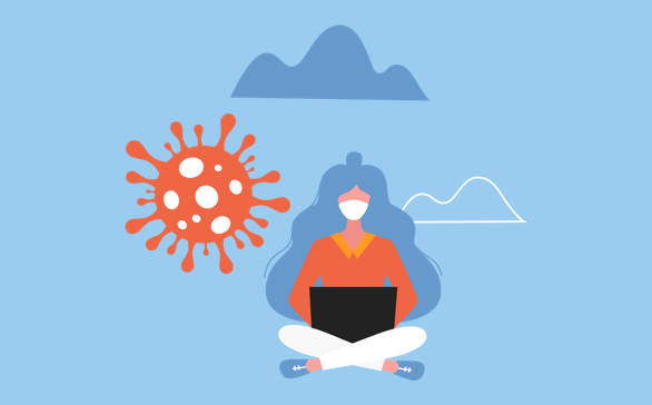 Illustration of a person with long blue hair wearing a face mask and orange shirt, sitting cross-legged with a laptop, surrounded by stylized virus particles on a blue background.