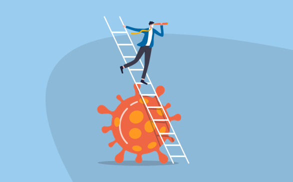 Illustration of a businessman climbing a white ladder over a large red virus while looking through a telescope.