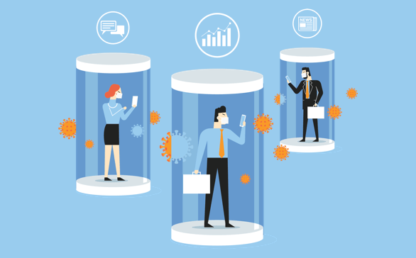 Three illustrated professionals wearing masks, each isolated in separate transparent tubes surrounded by virus icons, symbolizing social distancing and communication during COVID-19.