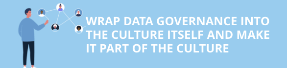 Illustration of a person connecting circular portraits with lines beside the quote: 'Wrap data governance into the culture itself and make it part of the culture'.