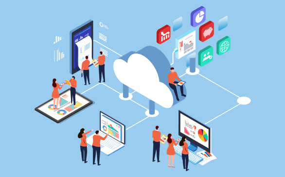 Illustration of people interacting with various digital devices connected to a central cloud, displaying charts, graphs, and social media icons.